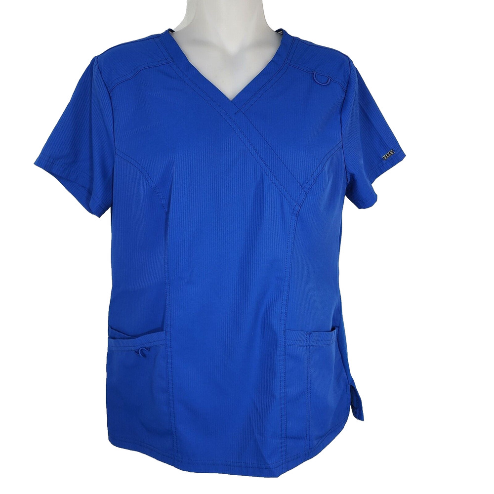 Elle Womens Scrub Top XS Mock Wrap EL620 Royal Blue Patch Pockets Tonal Texture